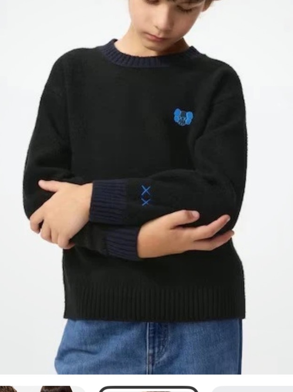 Uniqlo Kaws winter Crewneck Sweater with Blue Black “XX" Logo kid size 150 12Y